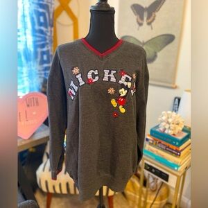 VTG Disney Gray Mickey Mouse Sweatshirt with Red Accents and Flowers VNeck Sz M